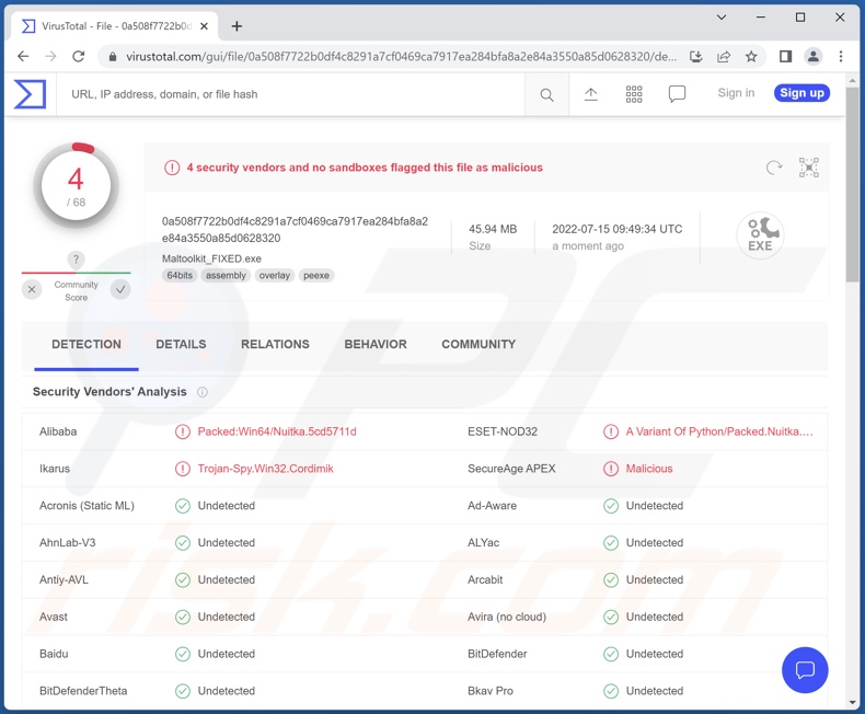 Wykrycia malware ApolloRAT w VirusTotal