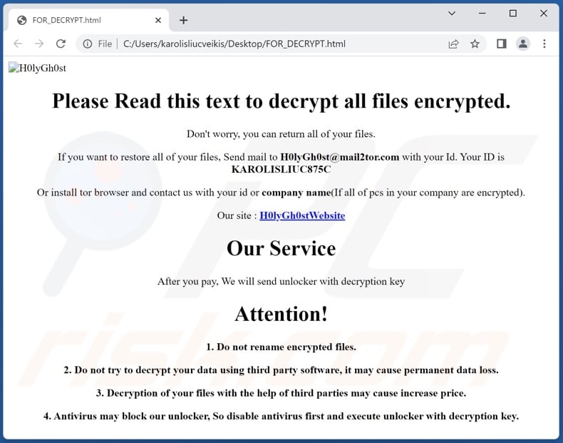 Wiadomość z żądaniem okupu ransomware H0lyGh0st (FOR_DECRYPT.html)