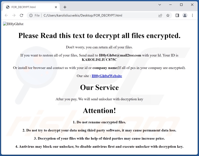 Wiadomość z żądaniem okupu ransomware H0lyGh0st (FOR_DECRYPT.html)