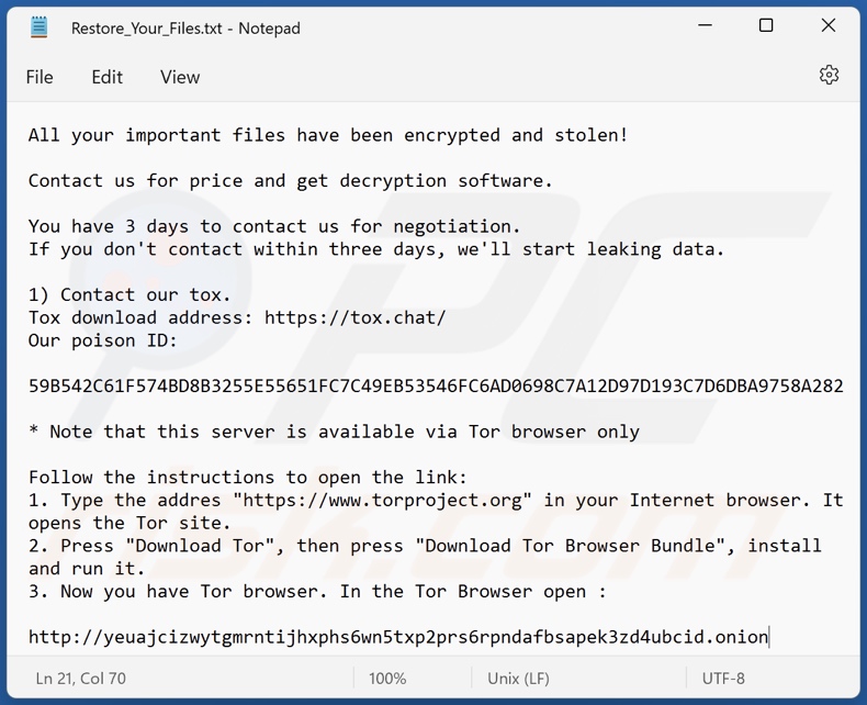 Wiadomość z żądaniem okupu ransomware Lilith (Restore_Your_Files.txt)