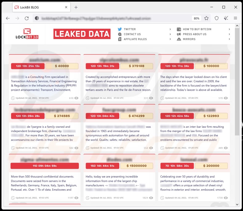 Strona z wyciekiem danych ransomware LockBit 3.0