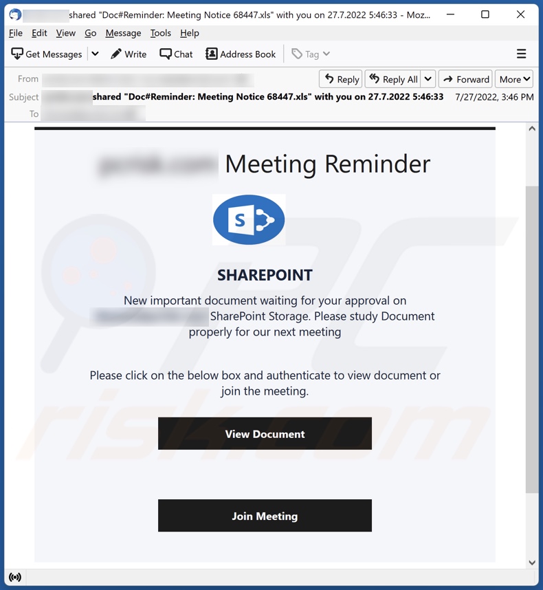 E-mailowa kampania spamowa Meeting Reminder