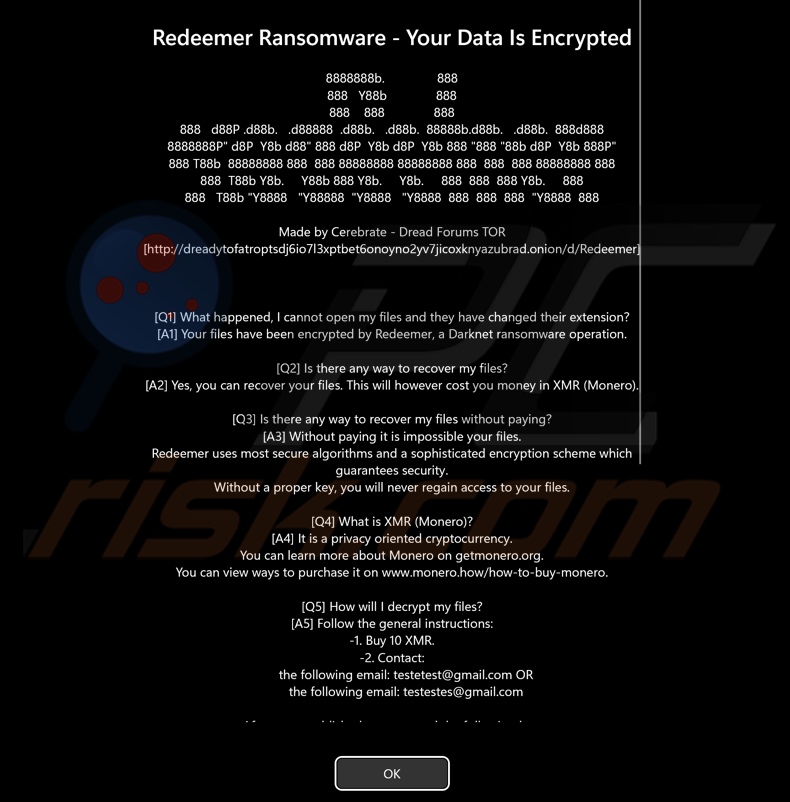 Wiadomość ransomware Redeemer 2.0 wyświetlana przed ekranem logowania