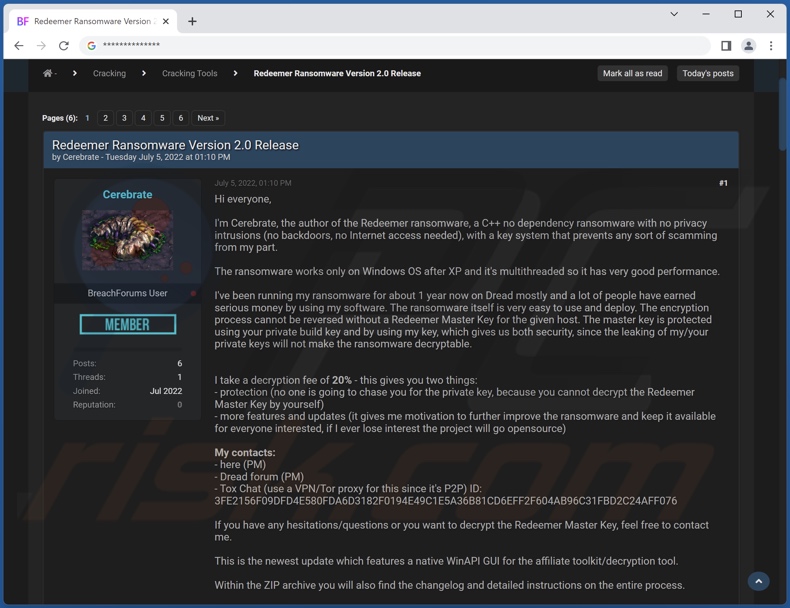 Ransomware Redeemer 2.0 promowane online