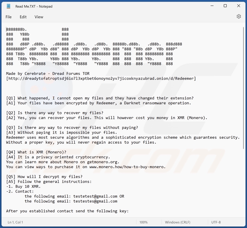 Wiadomość z żądaniem okupu ransomware Redeemer 2.0 (Read Me.TXT)