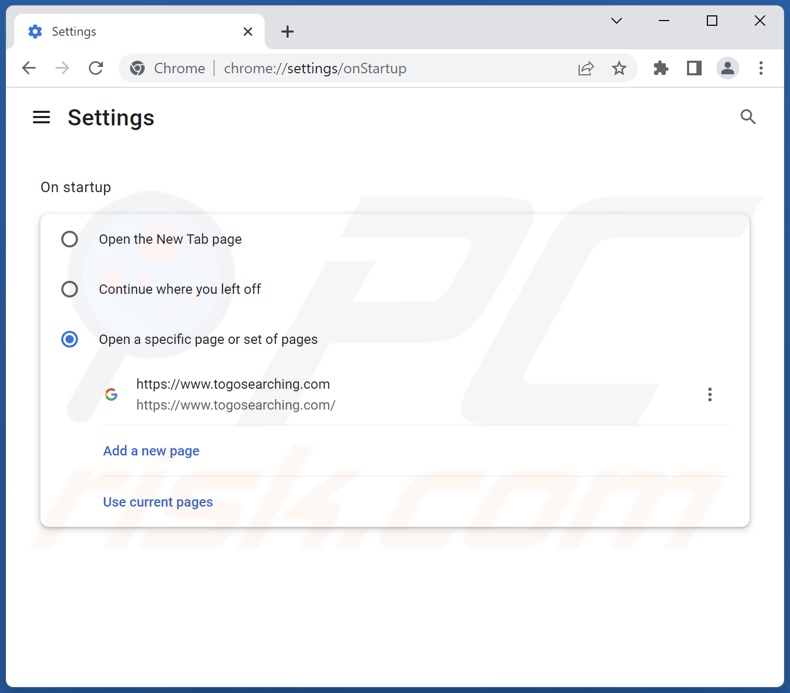 Usuwanie togosearching.com ze strony domowej Google Chrome