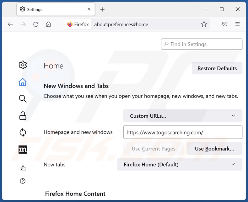 Usuwanie togosearching.com ze strony domowej Mozilla Firefox