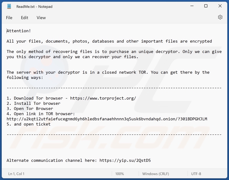Wiadomość z żądaniem okupu ransomware U2K (ReadMe.txt)