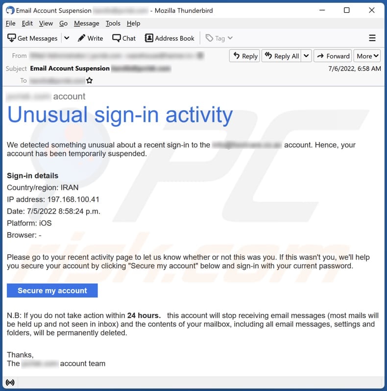 Oszustwo e-mailowe Unusual Sign-in Activity