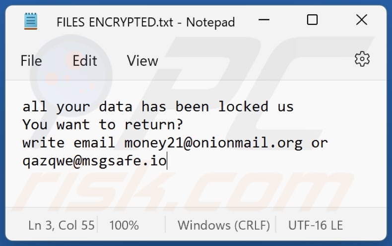 Plik tekstowy ransomware Xrom (FILES ENCRYPTED.txt)
