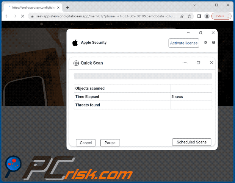 Wygląd oszustwa Apple Security Center (GIF)