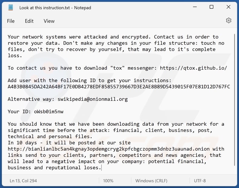 Wiadomość z żądaniem okupu ransomware BianLian (Look at this instruction.txt)