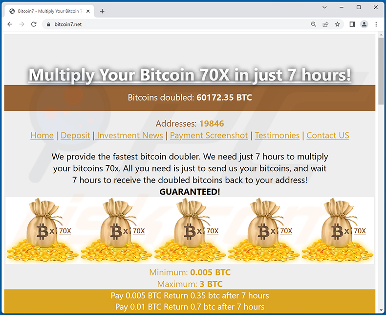 Witryna oszustwa związanego z rozdaniem Bitcoin (bitcoin7.net)