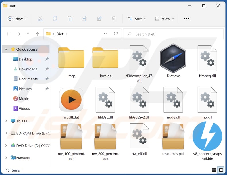 Folder instalacyjny adware Diet i jego zawartość