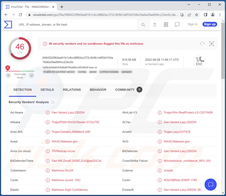 Wykrycia malware Erbium na VirusTotal