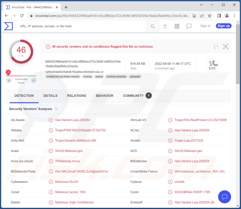 Wykrycia malware Erbium na VirusTotal