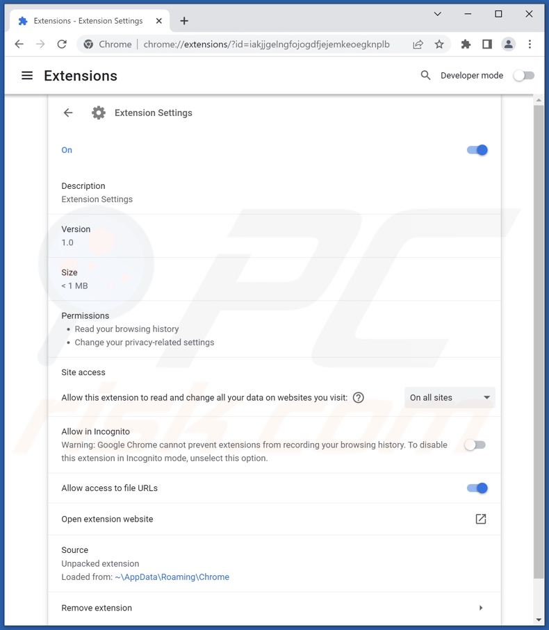 Szczegółowe informacje o porywaczu przeglądarki Extension Settings