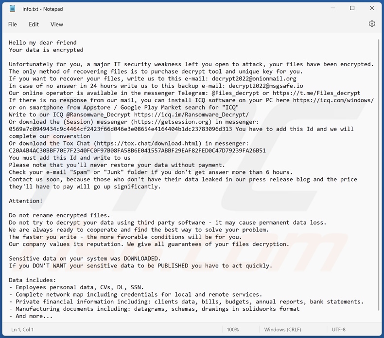 Plik tekstowy ransomware FLSCRYPT (info.txt)
