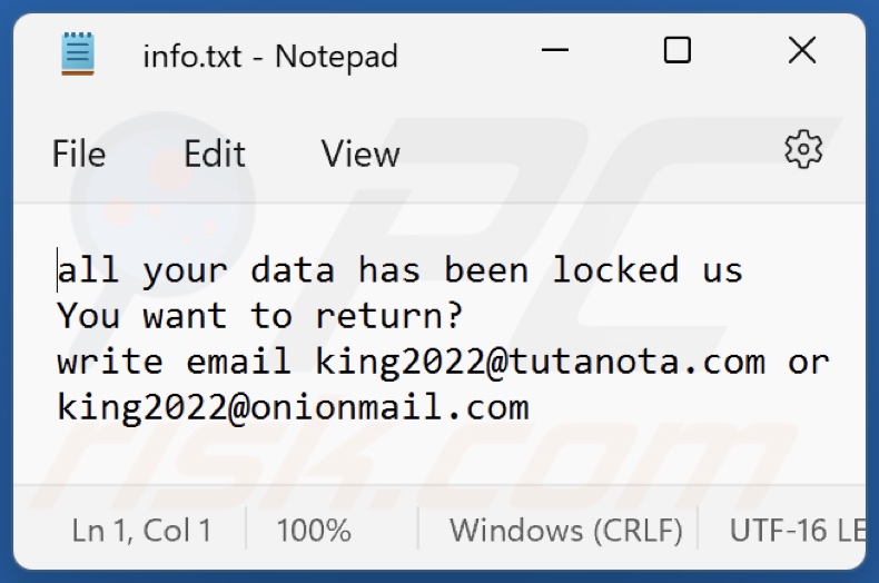 Plik tekstowy ransomware K1ng (info.txt)