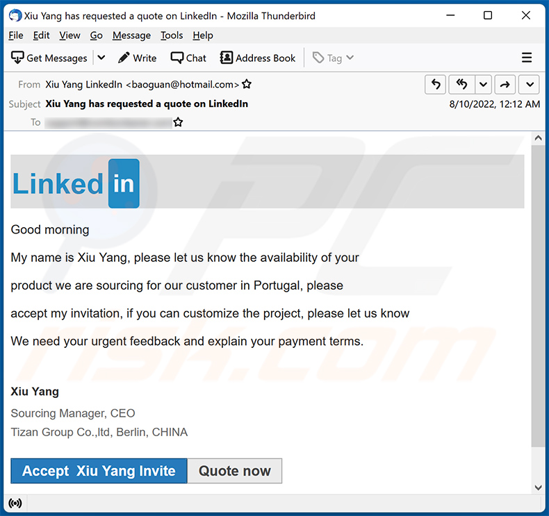 E-mail spamowy o tematyce LinkedIn promujący stronę phishingową (2022-08-11)
