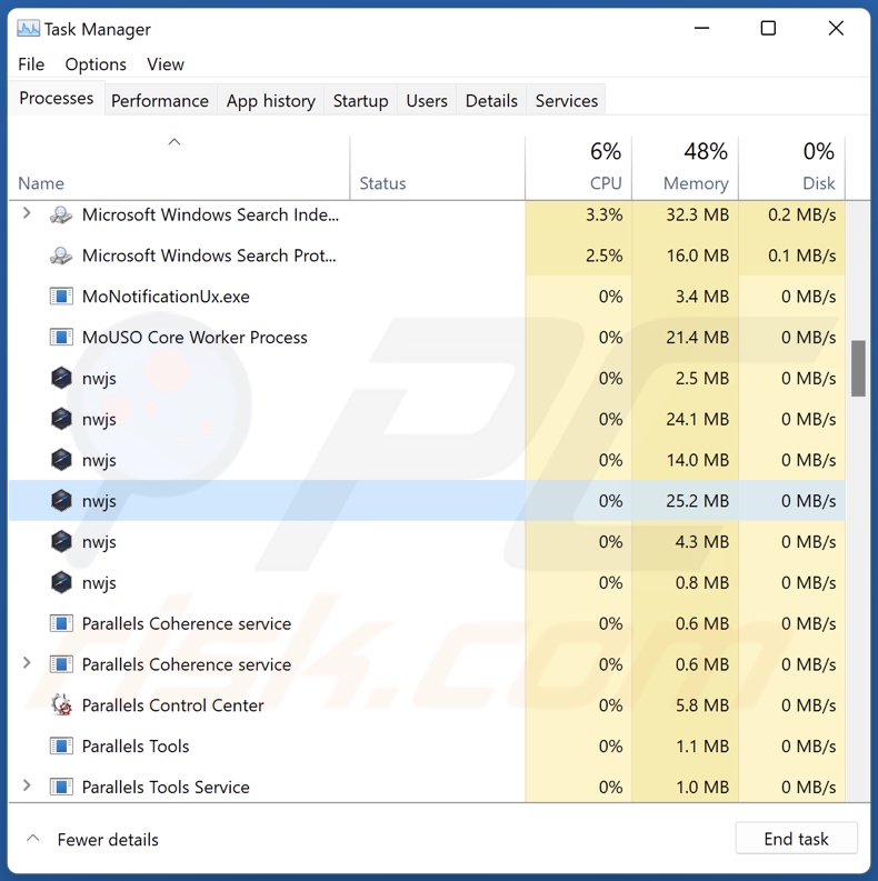 Proces adware OpenSubtitles Uploader w Menedżerze zadań (nwjs - nazwa procesu)