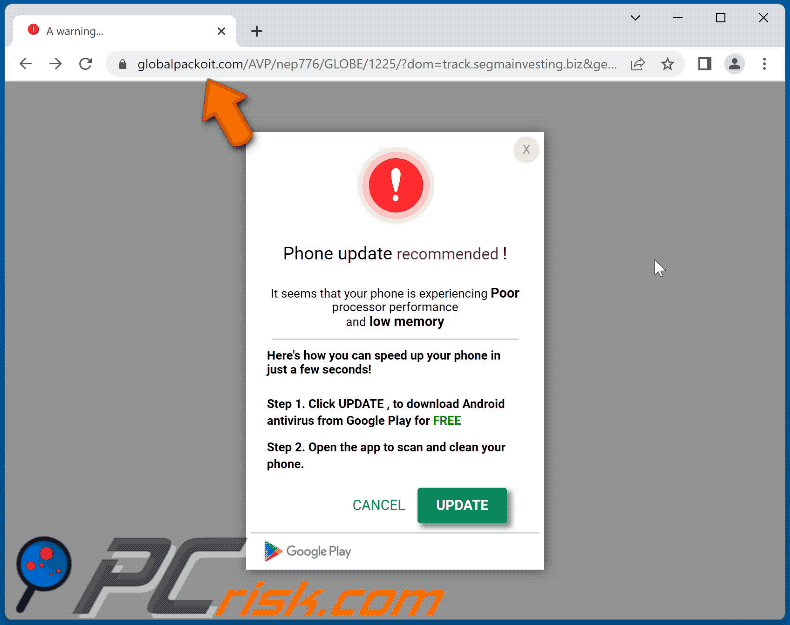 Wygląd przekierowania oszustwa Phone Update Recommended (GIF)