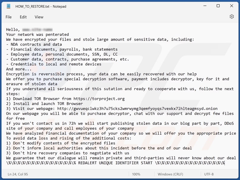 Wiadomość z żądaniem okupu ransomware RedAlert (N13V) (HOW_TO_RESTORE.txt)