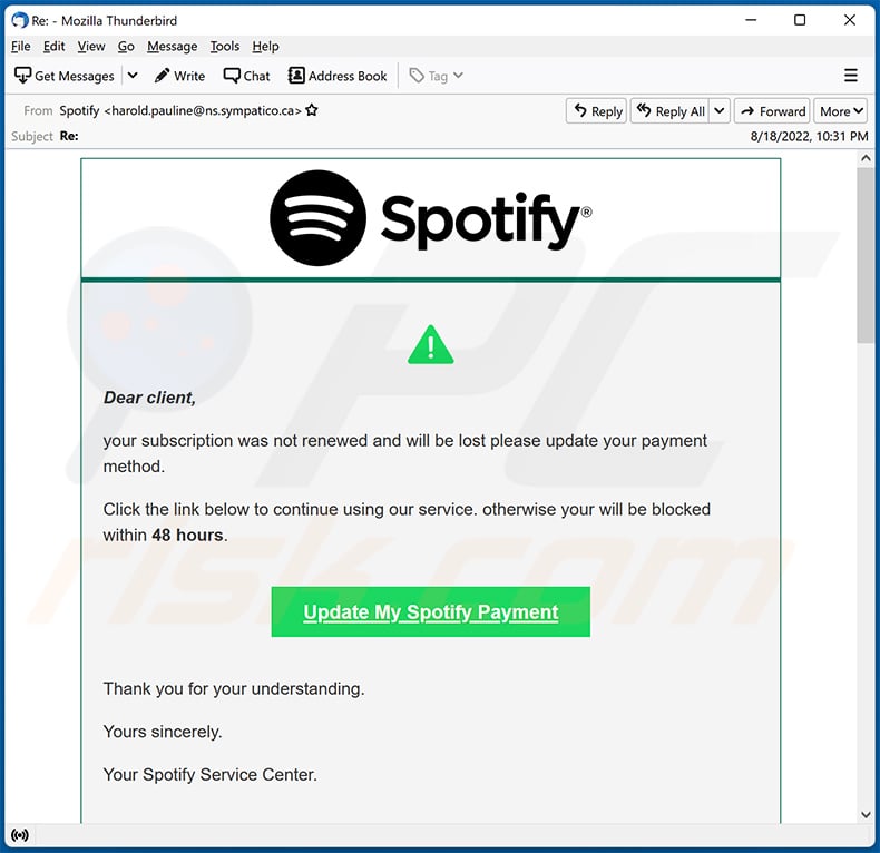 E-mail spamowy o tematyce Spotify używany do promowania witryny oszustwa (2022-08-19)