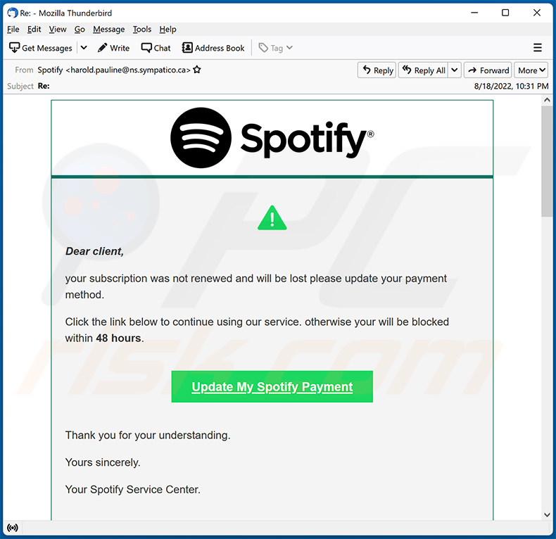 E-mail spamowy o tematyce Spotify używany do promowania witryny oszustwa (2022-08-19)