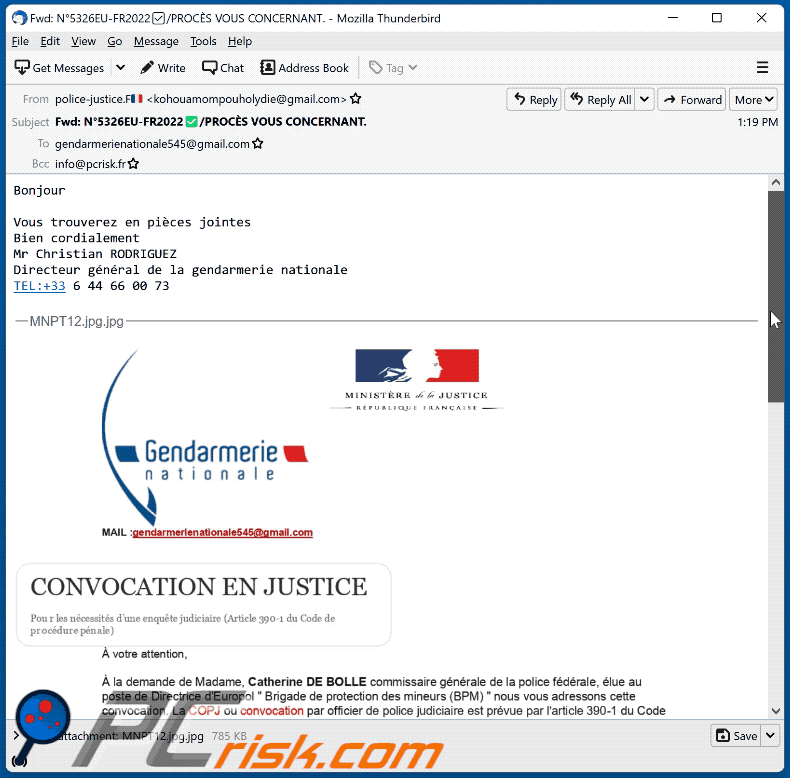 Wygląd oszustwa e-mailowego Summon To Court For Pedophilia - wariant francuski (GIF)