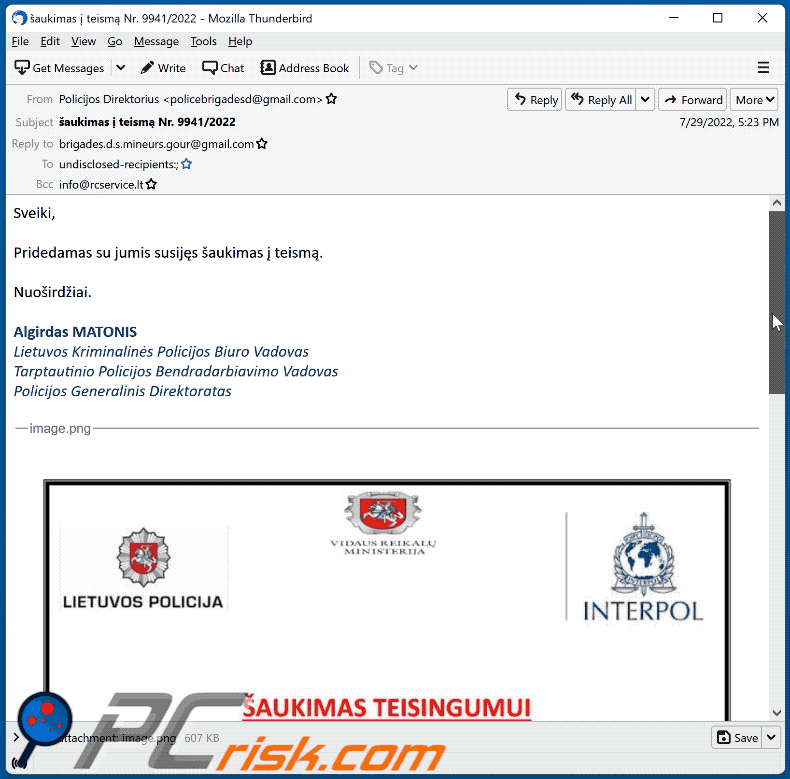 Wygląd oszustwa e-mailowego Summon To Court For Pedophilia - wariant litewski (GIF)