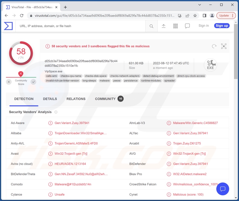 Wykrycia malware VIPSpace na VirusTotal