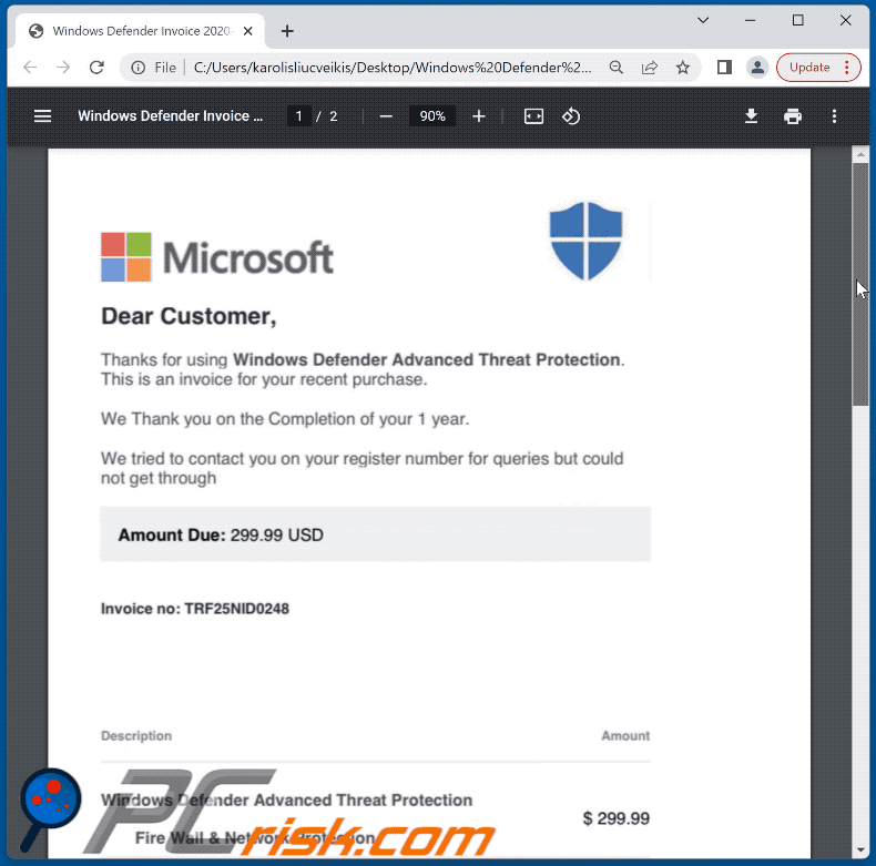 Oszukańczy dokument PDF dystrybuowany za pomocą e-maili spamowych o tematyce Windows Defender Subscription