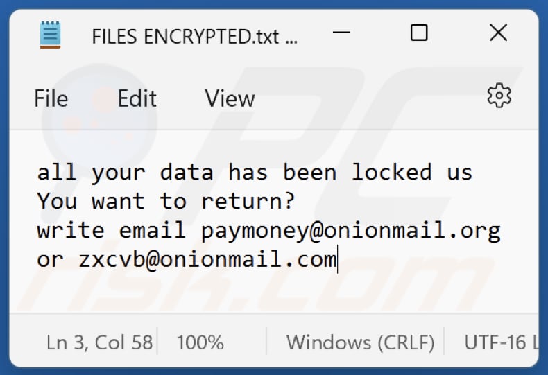 Plik tekstowy ransomware Zxcvb (FILES ENCRYPTED.txt)