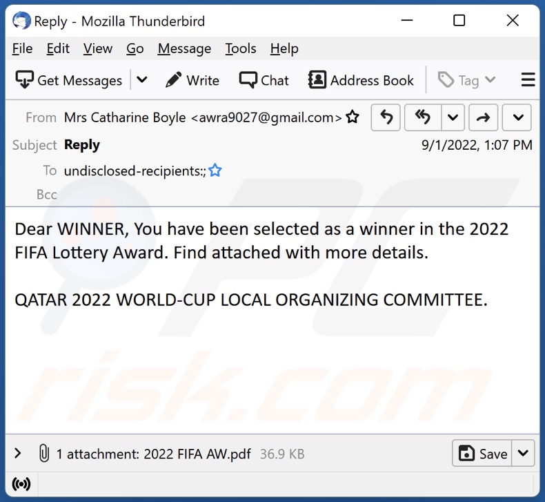 E-mailowa kampania spamowa 2022 FIFA Lottery Award