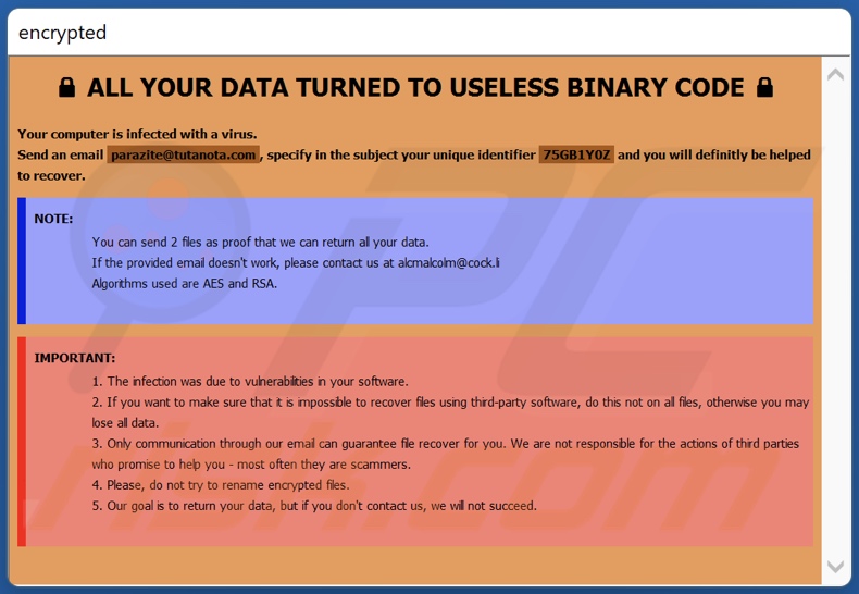 Notatka z żądaniem okupu ransomware Arazite (info.hta)