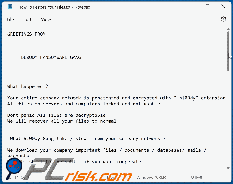 Wiadomość z żądaniem okupu ransomware Bl00dy (How To Restore Your Files.txt) GIF