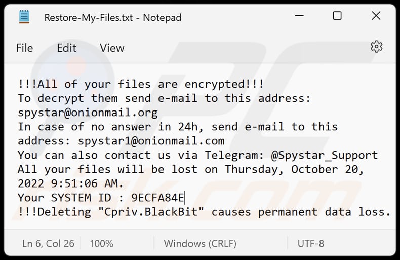 Plik .txt ransomware blackbit (Restore-My-Files.txt)