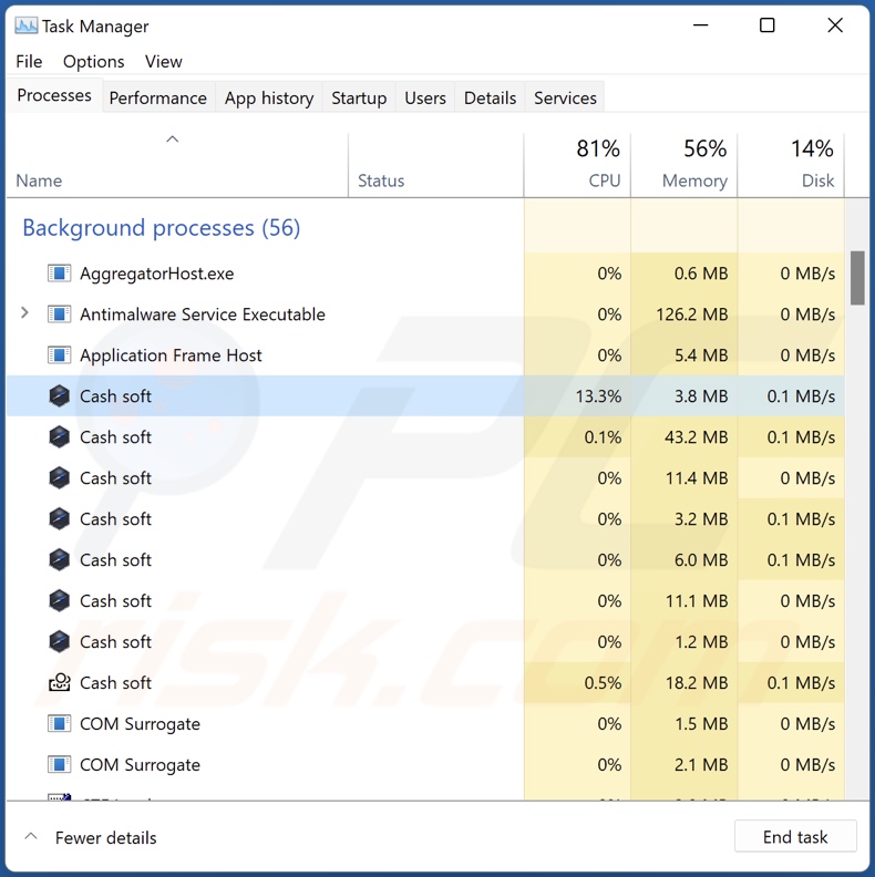 Proces adware Cash w Menedżerze Zadań (Cash soft - nazwa procesu)