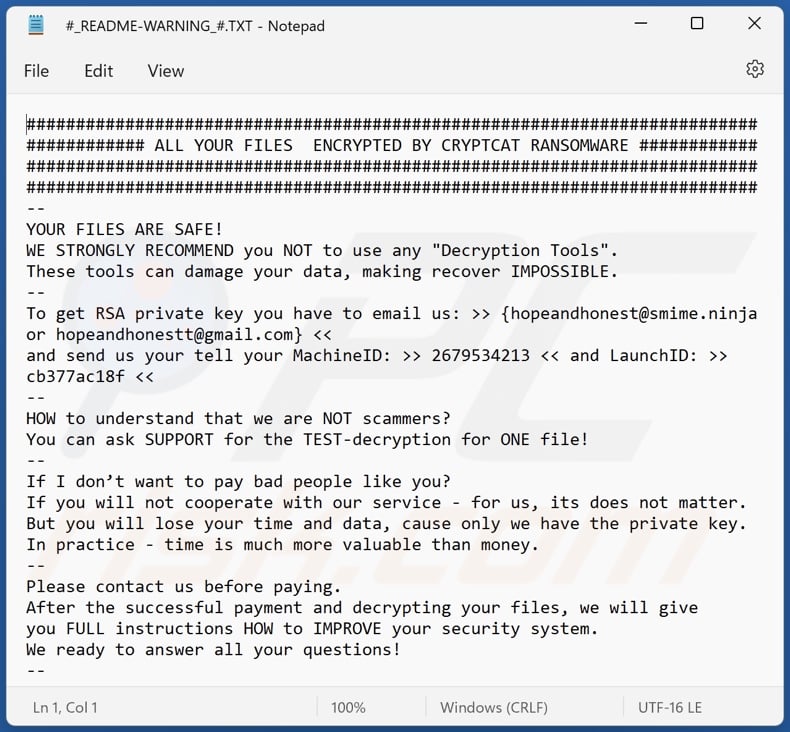 CRYPTCAT ransomware wiadomość z żądaniem okupu (#_README-WARNING_#.TXT)