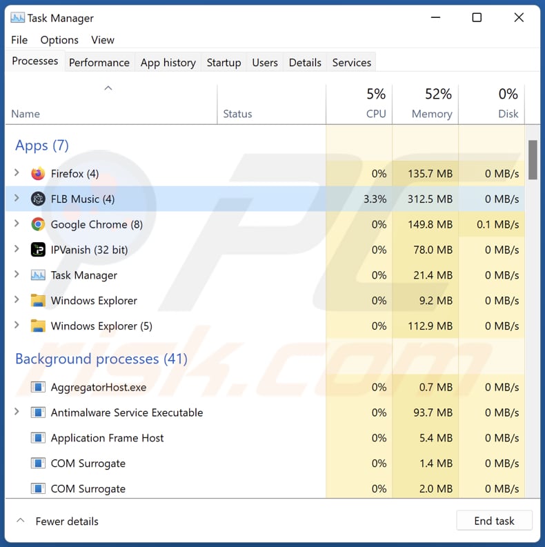 Adware FLB Music uruchomione w Menedżerze zadań jako FLB Music