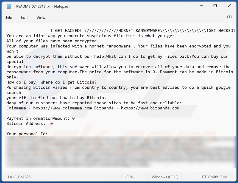 Notatka z żądaniem okupu ransomware HORNET (README_[losowa_liczba].txt)