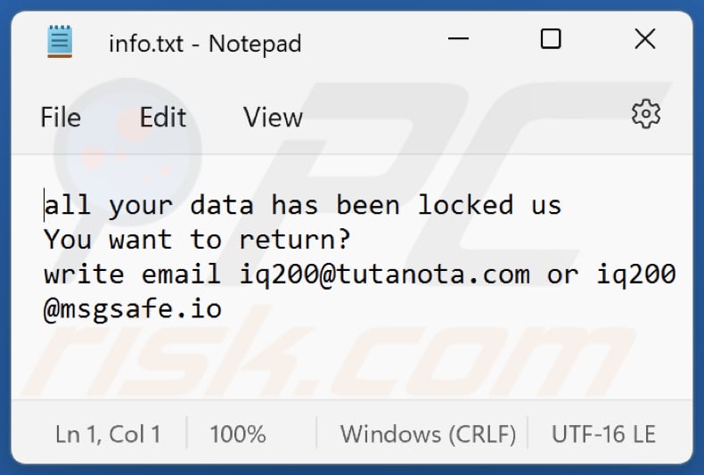 Plik tekstowy ransomware Iq20 (info.txt)