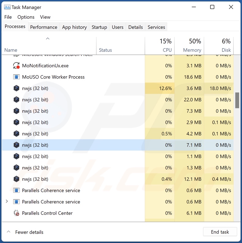 Proces adware Mobile w Menedżerze zadań (nwjs - nazwa procesu)