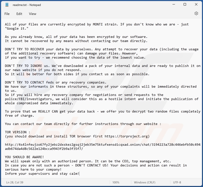 Wiadomość z żądaniem okupu ransomware MONTI (readme.txt)