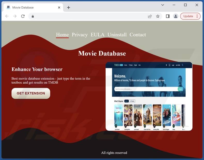 Witryna promująca adware Movie Database