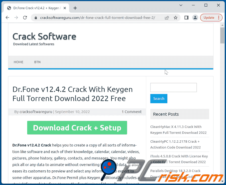 Wygląd witryny z pirackim oprogramowaniem rozsyłającej malware (GIF)
