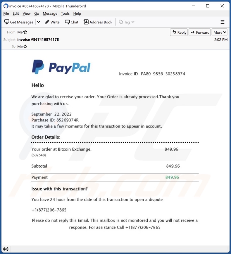 E-mailowa kampania spamowa PayPal - Your Order Is Already Processed
