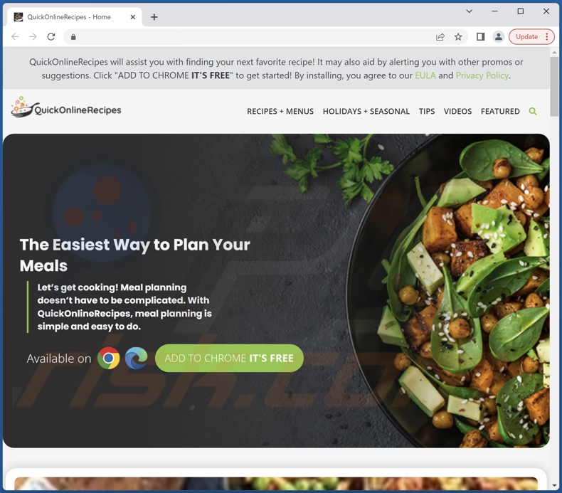 Witryna promująca adware Quick Online Recipes