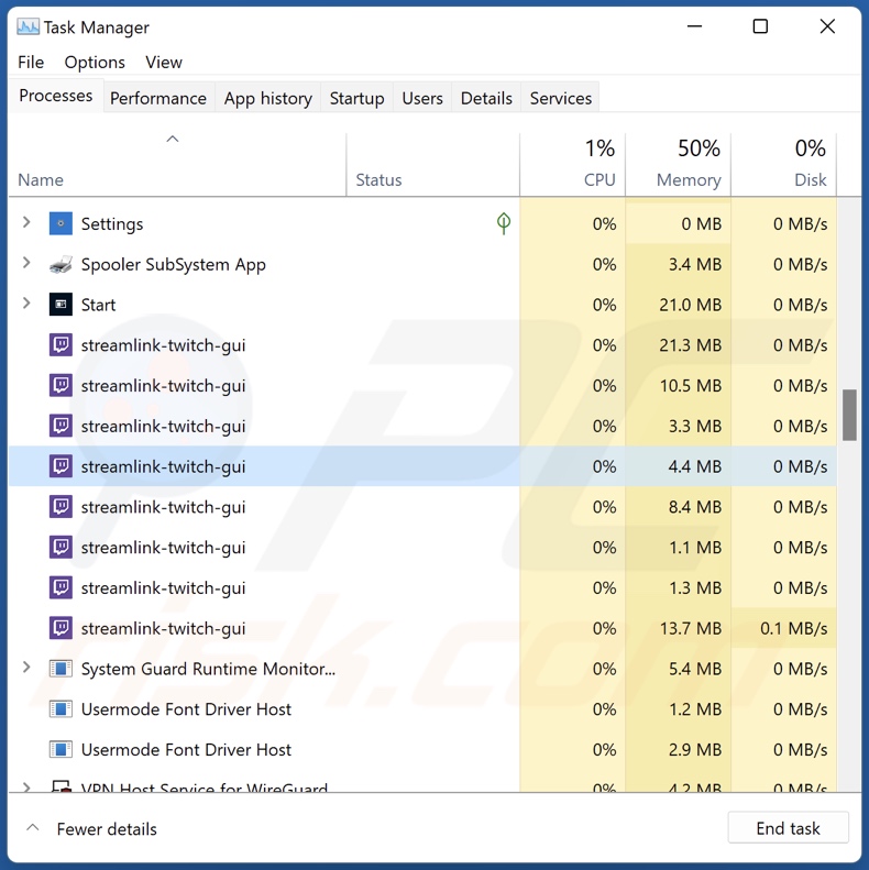 Proces adware Streamlink-twitch-gui w Menedżerze zadań (streamlink-twitch-gui - nazwa procesu)